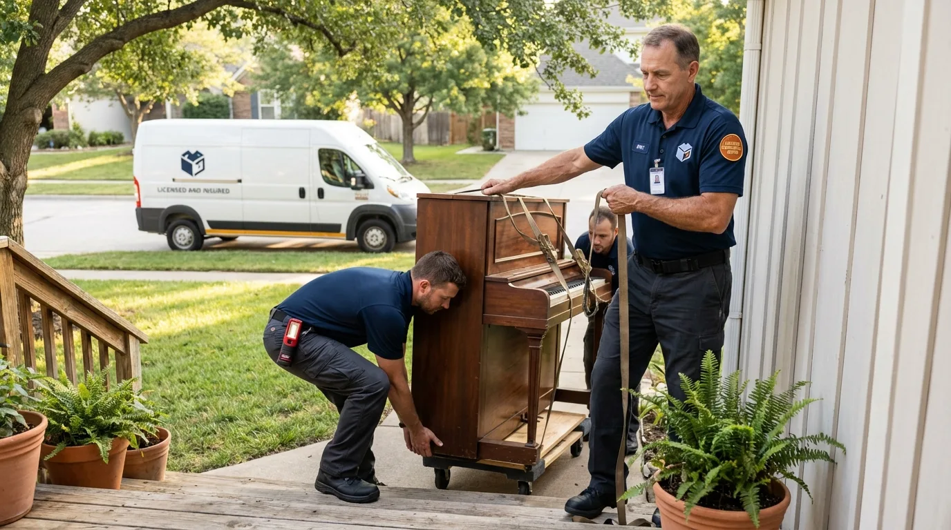 Licensed piano movers securing grand piano in Litchfield, MI