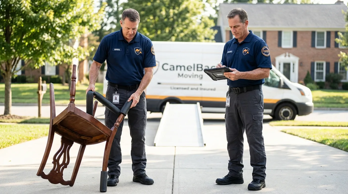 Movers inspecting furniture for damage prevention before loading in Litchfield, MI